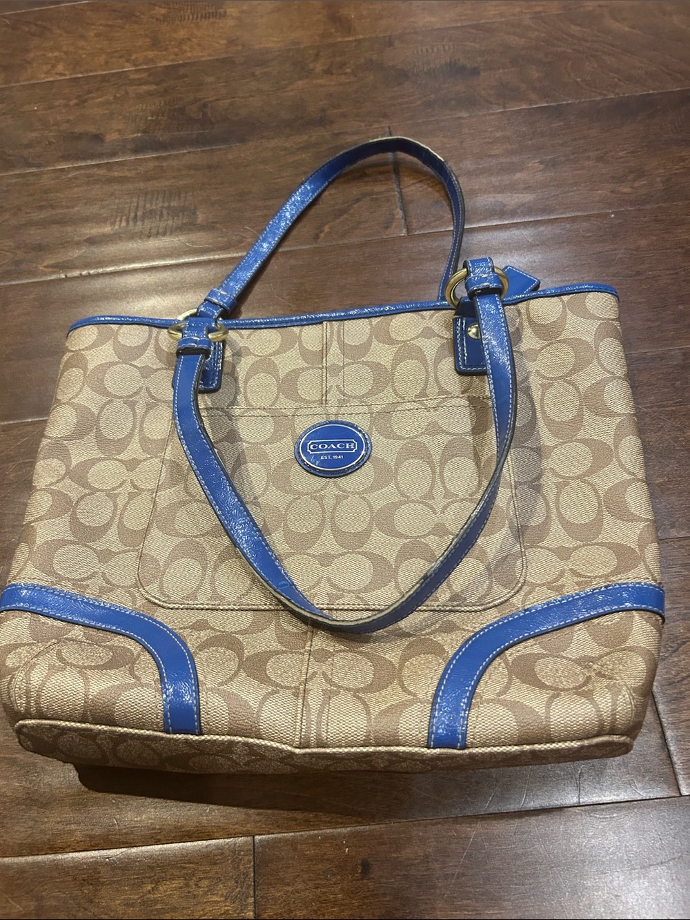 Coach Tan Signature Canvas Tote with Blue Leather Trim